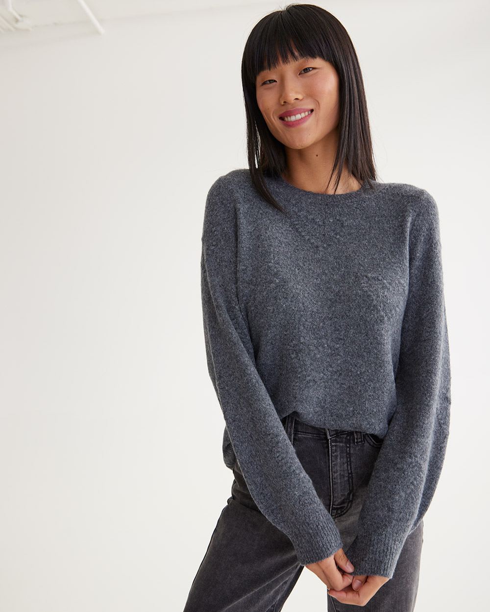 Long-Sleeve Crew Neck Pullover with Popcorn Stitch