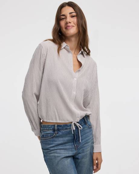 Seersucker Long-Sleeve Buttoned-Down Blouse