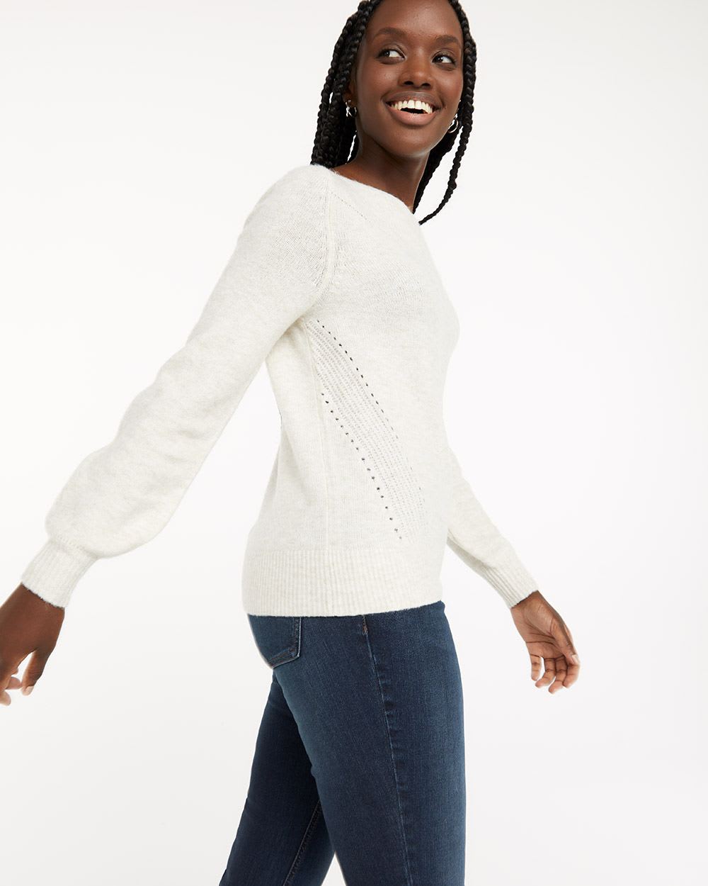 Long-Sleeve Boat-Neck Pullover with Pointelle Stitches