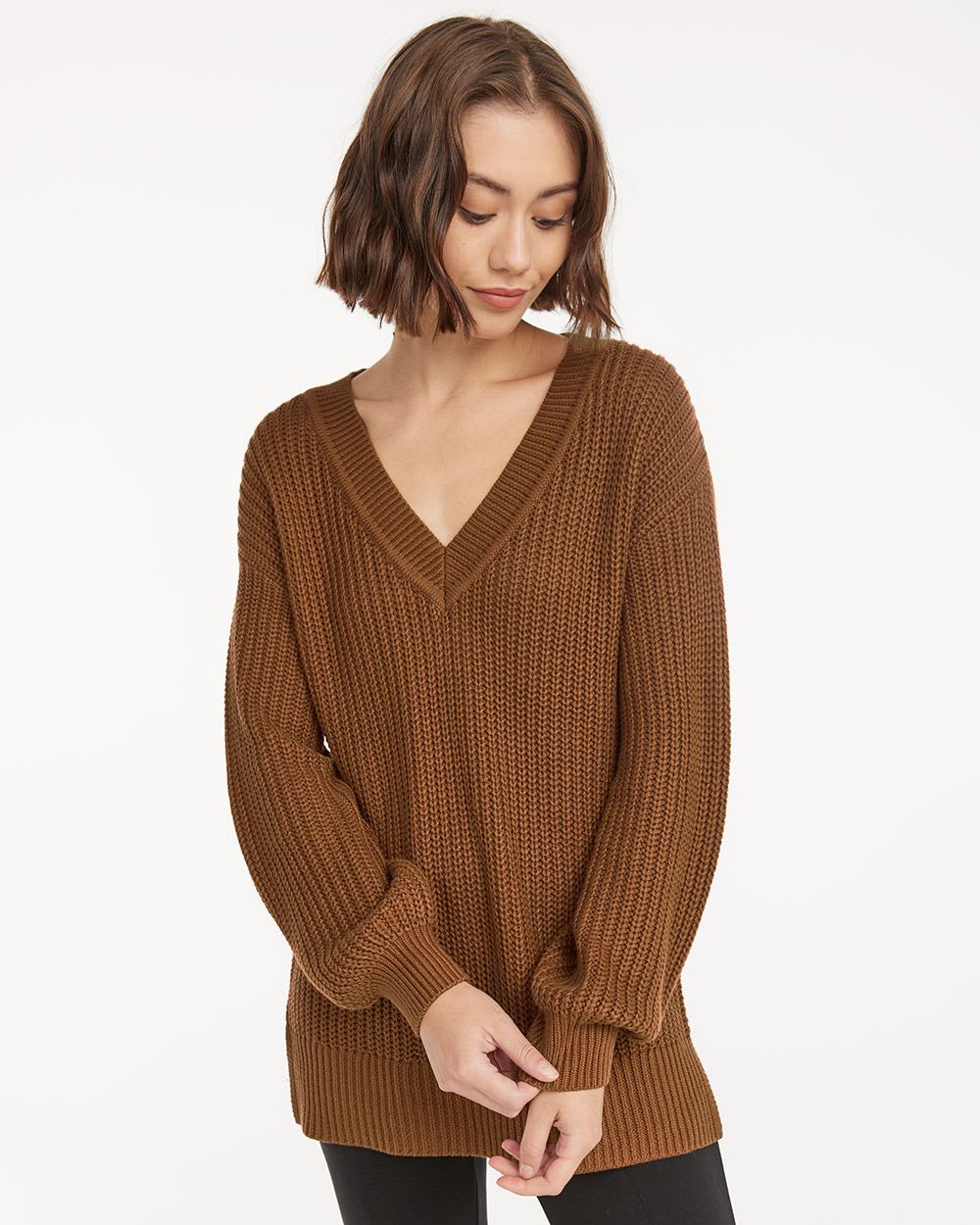 Loose V-Neck Pullover with Long Balloon Sleeves