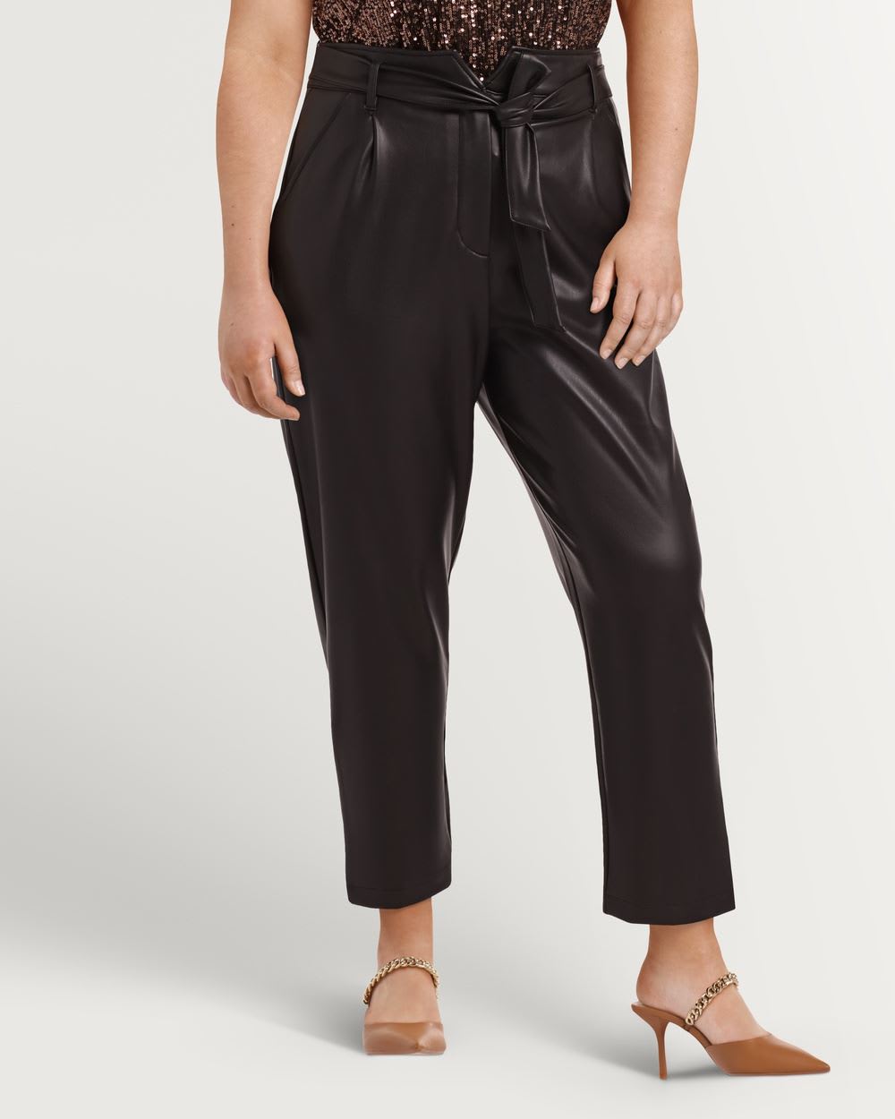 High Rise Vegan Leather Tapered Paperbag Pant - Tall