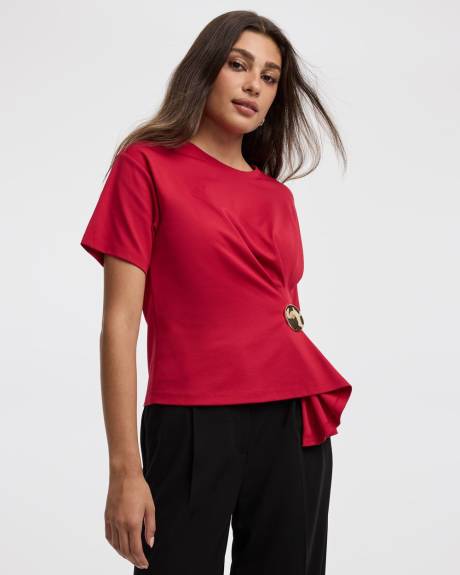 Short-Sleeve Crew-Neck Top with Cinched Waist