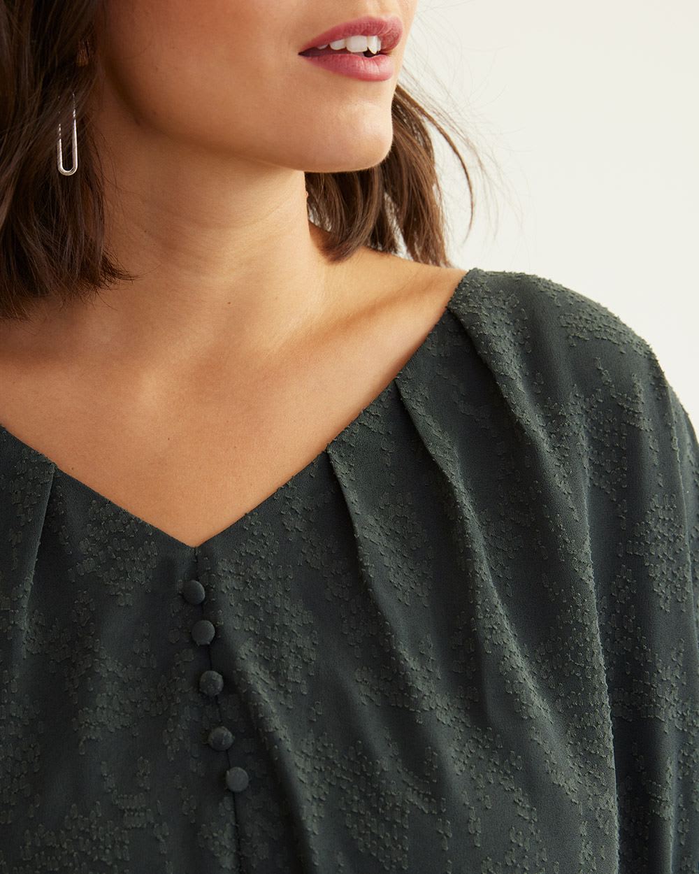 Long-Sleeve V-Neck Textured Blouse