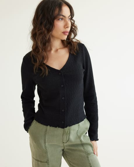 Long-Sleeve Buttoned-Down V-Neck Top