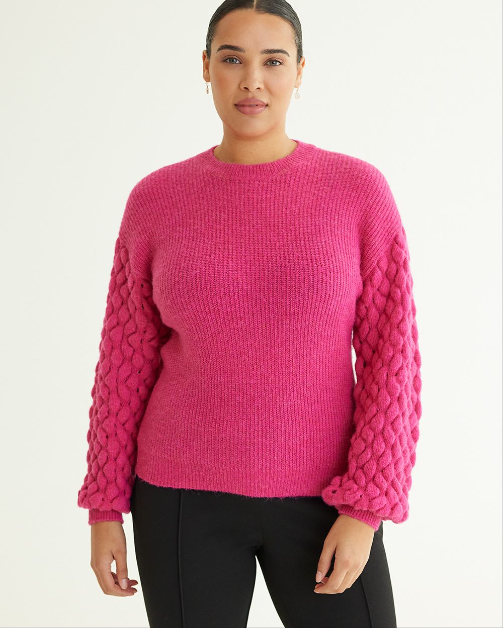 Long-Ballon-Sleeve Crew-Neck Sweater with Fancy Stitches, Regular