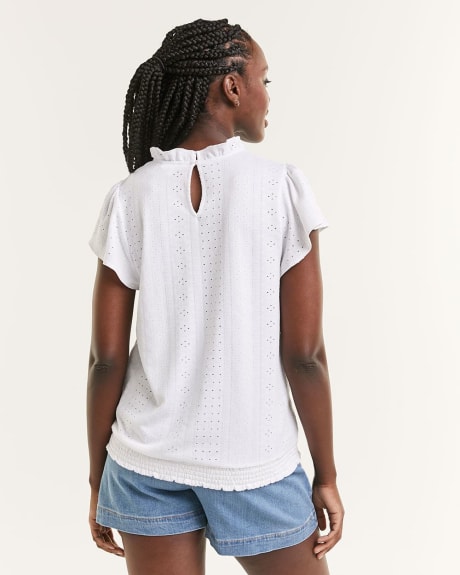 Eyelet Mock Neck Tee With Flutter Sleeves