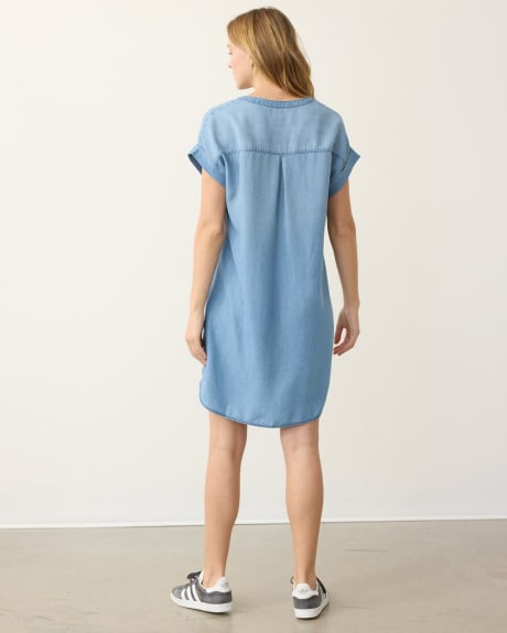 Short-Sleeve Shift Tencel Dress with Split Neckline
