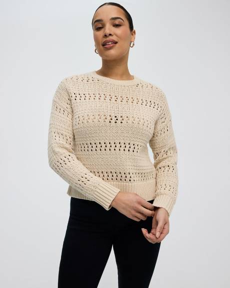 Long-Sleeve Crew-Neck Open-Stitch Pullover