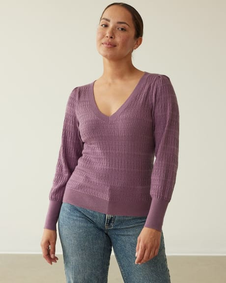 Long Balloon-Sleeve Textured Sweater