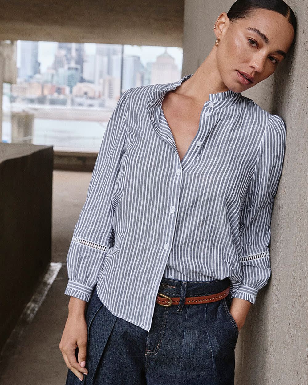 Puffy-Sleeve Mock-Neck Blouse with Embroideries