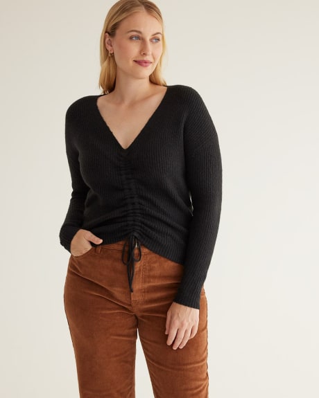 Long-Sleeve V-Neck Sweater with Drawstring at Front