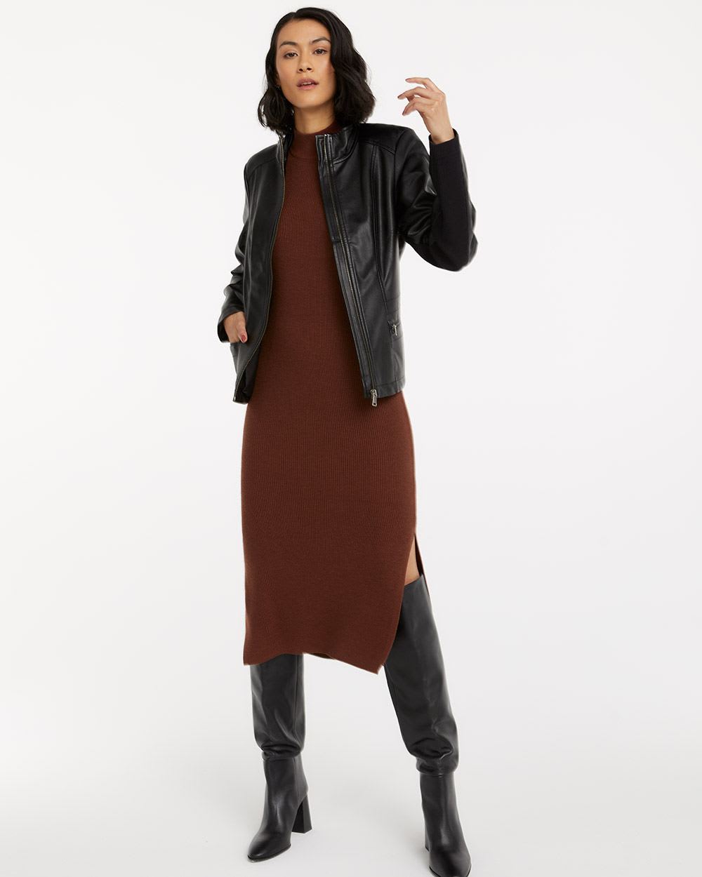 Leather Accent Ribbed Long Coat - Women - Ready-to-Wear