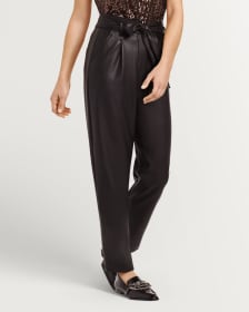 High Rise Vegan Leather Tapered Paperbag Pant