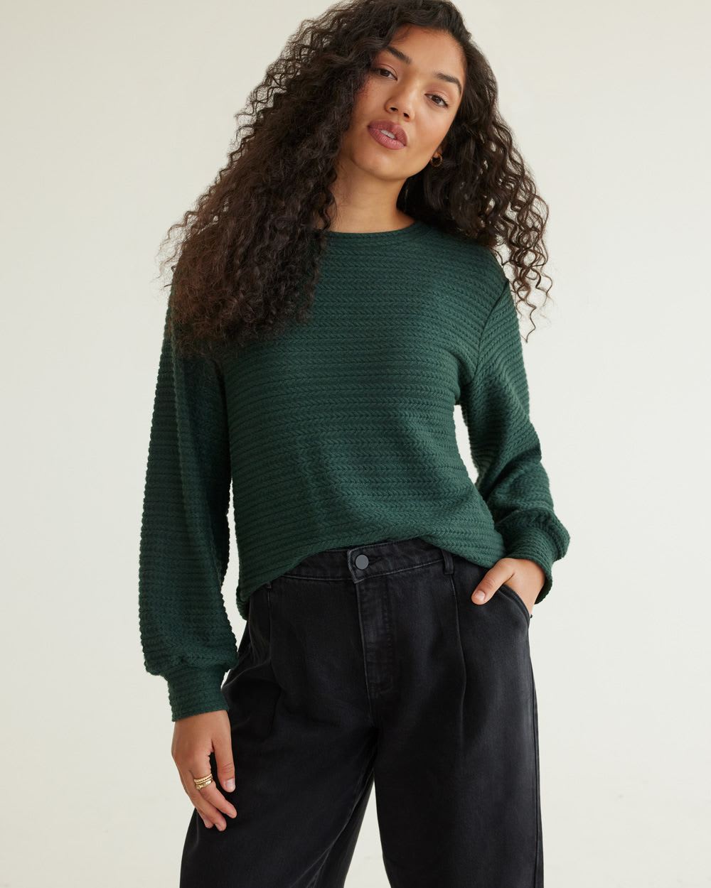 Long-Sleeve Crew-Neck Tee with Cable Stitches