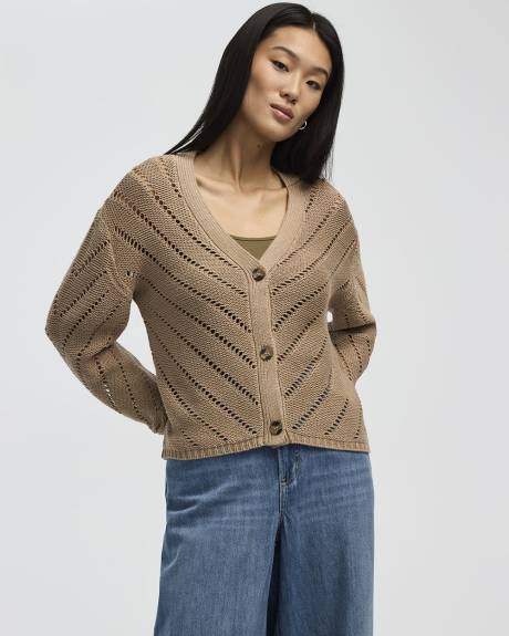 Long-Sleeve V-Neck Cardigan with Pointelle Stitches