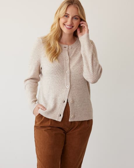 Crew-Neck Buttoned-Down Cardigan with Long Balloon Sleeves