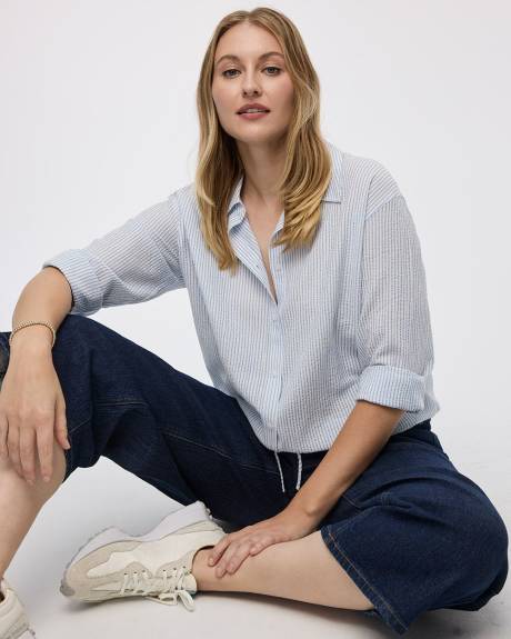 Seersucker Long-Sleeve Buttoned-Down Blouse