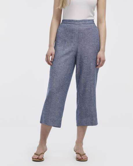 Pantacourt en m&eacute;lange de lin &agrave; jambe large - Petite