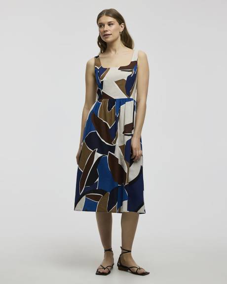 Sleeveless Linen-Blend Midi Dress with Square Neckline