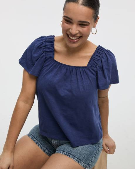 Square-Neck Blouse with Short Flutter Sleeves