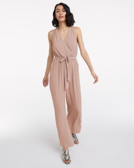 Sleeveless Wrap Front Open Back Jumpsuit with Sash