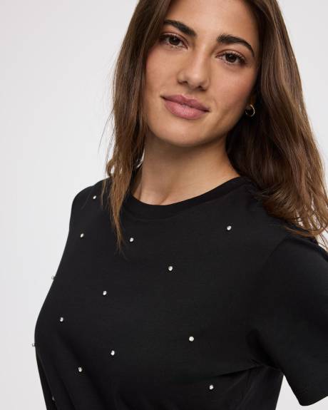 T-shirt à manches courtes et col rond avec strass