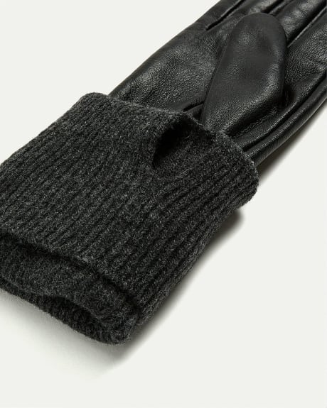 Leather Gloves with Knit Fold-Over