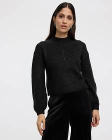 Long-Sleeve Mock-Neck Pullover with Rhinestones