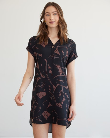 Long-Sleeve Loose Dress with Split Neckline