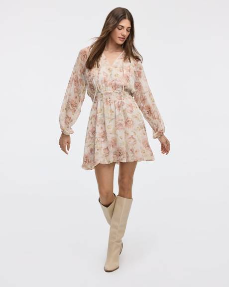 Mini-robe ballon à manches longues bouffantes et col V