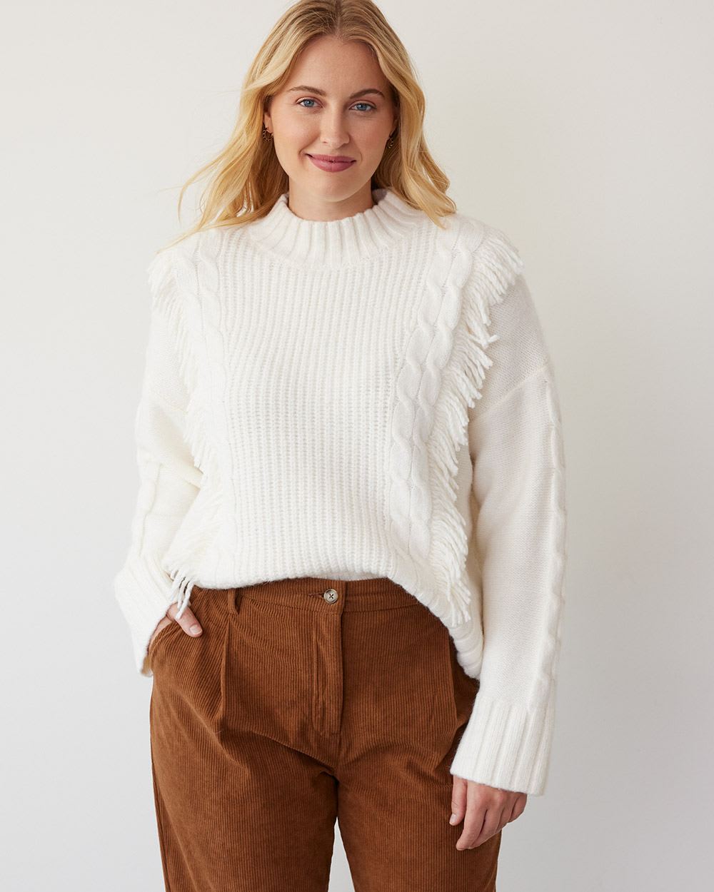Boxy Long-Sleeve Mock-Neck Sweater with Cable Stitches