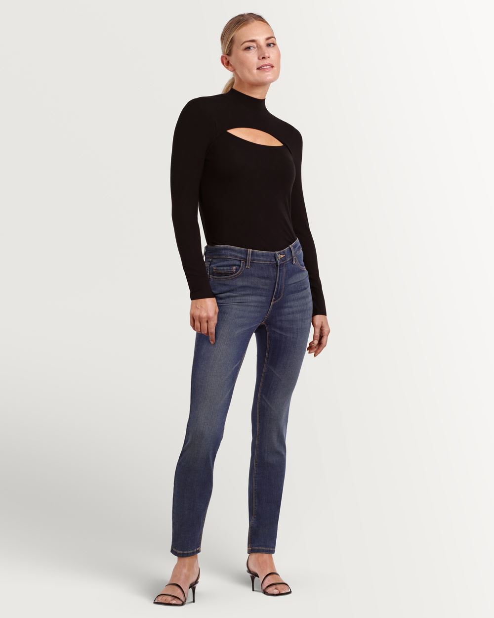 Rib Knit Mock Neck Pullover with Cut Out Accent