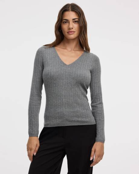 Long-Sleeve V-Neck Pullover with Wide Ribs