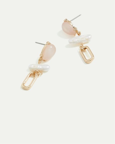 Pink-Stone Stud Earrings with Pearl Pendants