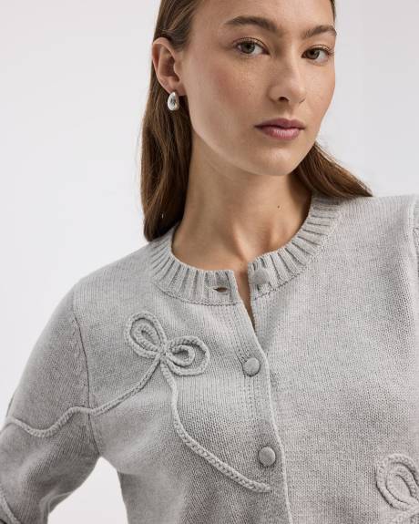 Long-Sleeve Crew-Neck Cardigan with Soutache Bows