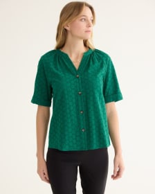 Short-Sleeve Buttoned-Down Eyelet Blouse with Split Neckline