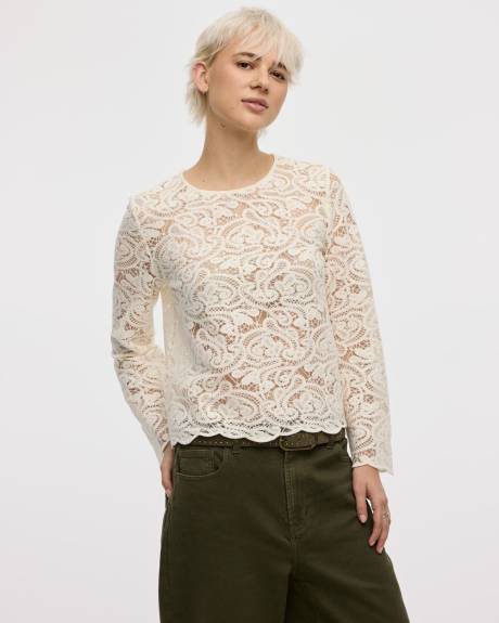 Long-Sleeve Crew-Neck Crochet Top