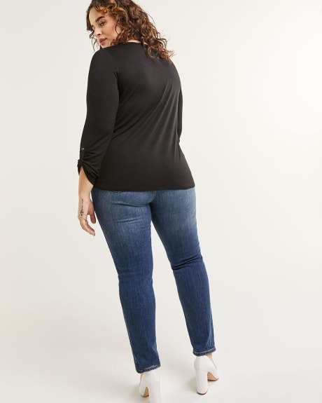 Long Sleeve Henley Neck Tee with Crochet Inserts