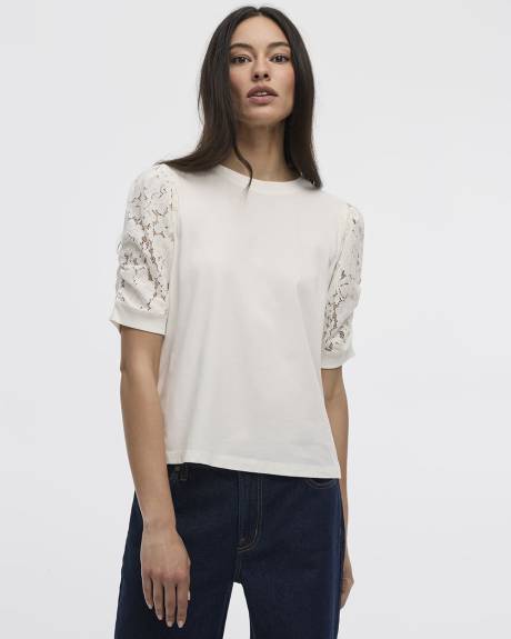 T-shirt bimatière à manches aux coudes bouffantes et col rond