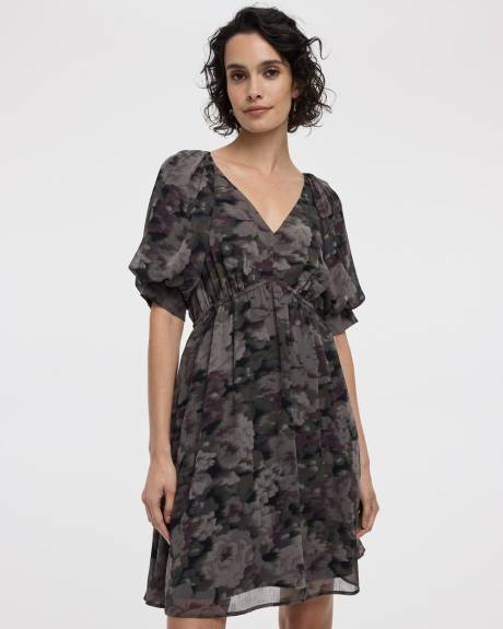 Elbow-Sleeve V-Neck Empire-Cut Dress