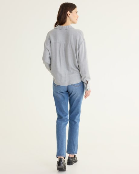 Long-Sleeve Buttoned-Down Blouse with Self-Tie at Hem