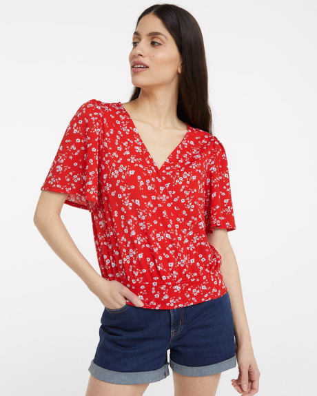 Printed Wrap Top with Short Flutter Sleeves