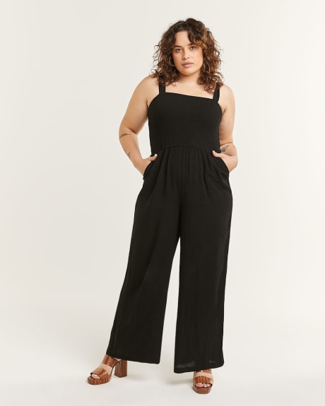 Square Neck Solid Jumpsuit With Smocking