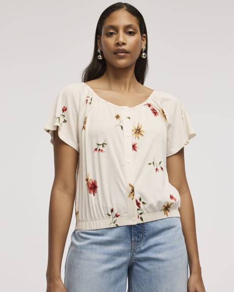 Short-Flutter-Sleeve Open-Neck Buttoned-Down Top