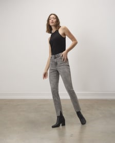 Grey Acid Wash Side Slit Ankle Super High Rise Skinny Jeans