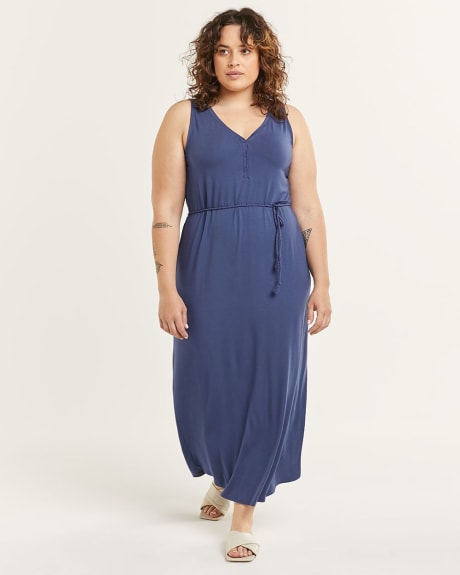 Henley Neck Maxi Dress With Cord