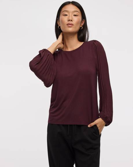 Pleated-Long-Sleeve Boat-Neck Mix-Media Top