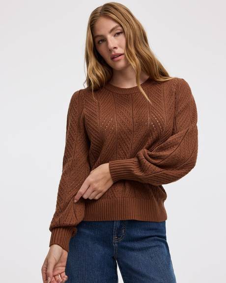 Long-Balloon-Sleeve Crew-Neck Pointelle Sweater