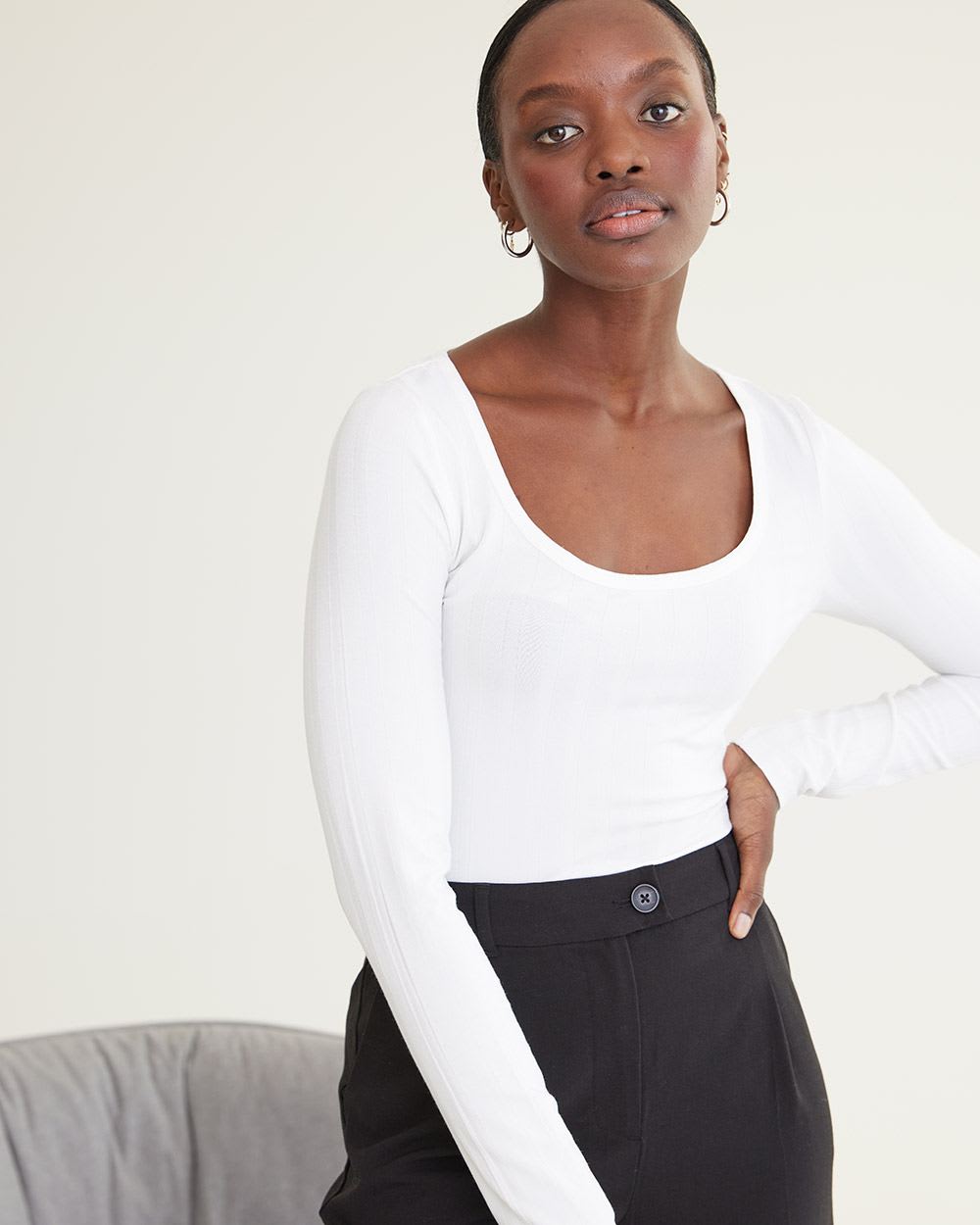 Long-Sleeve Ribbed Scoop Neck Top