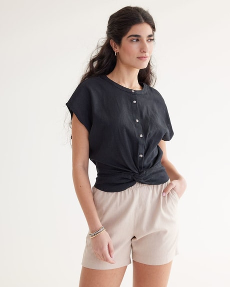 Short-Sleeve Linen Blouse with Twisted Detail